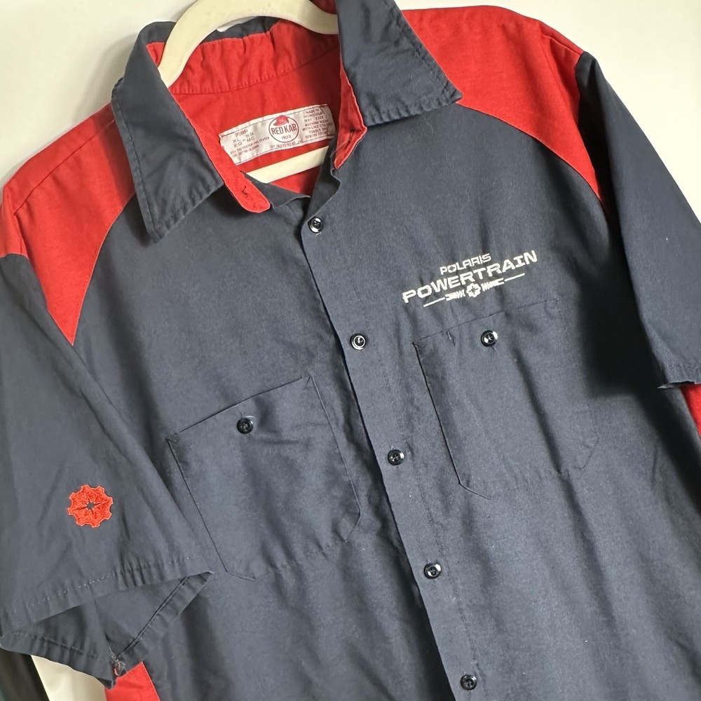 Vtg Red‎ Kap Polaris Powertrain Work Shirt Navy Red Button Front Mens XL Very Gd